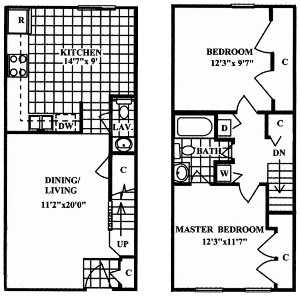 Floor plan for 2 beds, 1.5 baths, 975 sqft